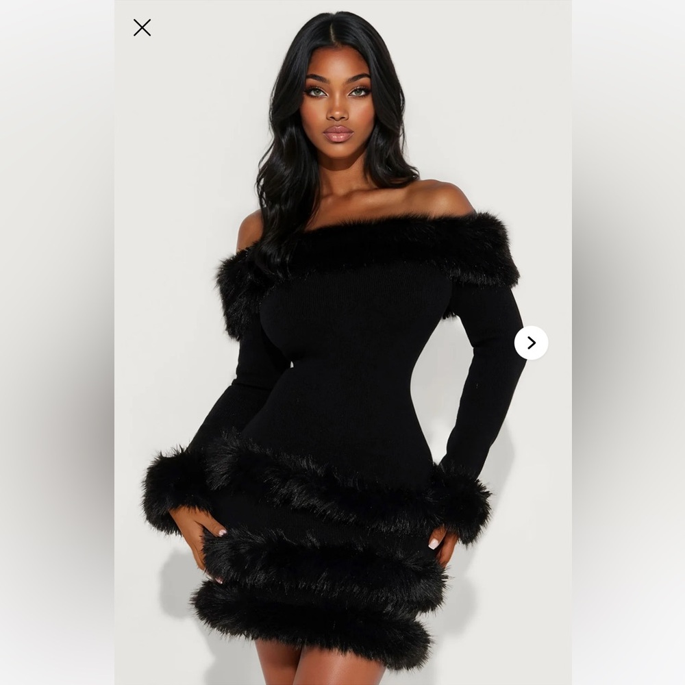 Black Off-Shoulder Dress with Faux Fur Trim